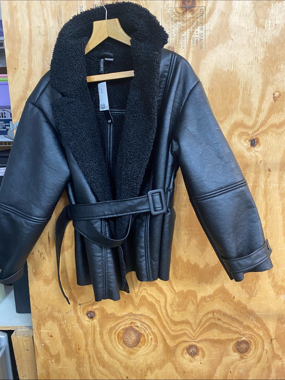 H&M Black Faux-Leather Sherpa-Lined Belted Jacket